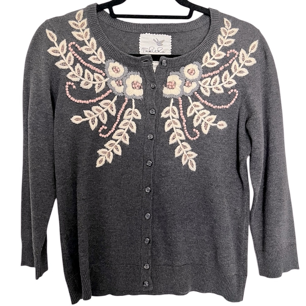 Anthropologie Tabitha Grey Cardigan Sweater – S, Knot Flower Accents, EUC